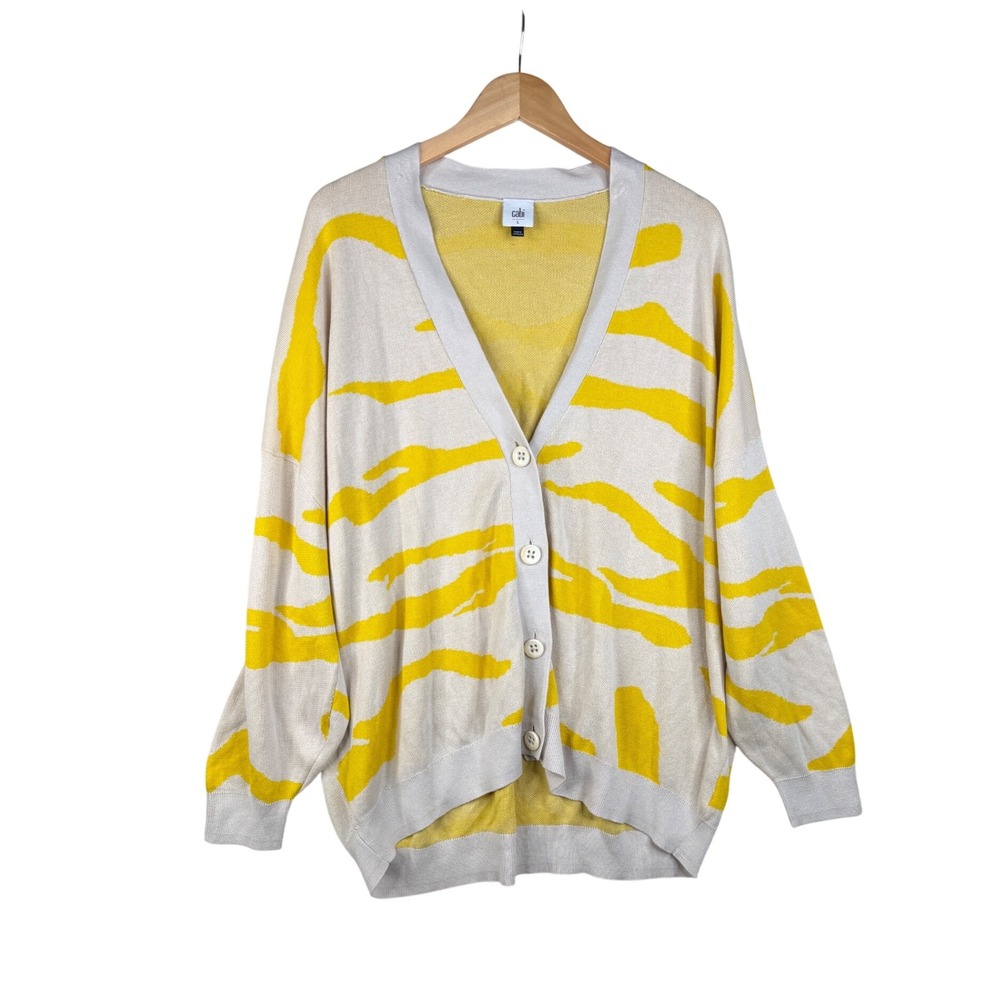 Cabi Roar Tiger Stripe Cardigan Sweater size Large Cream/Yellow